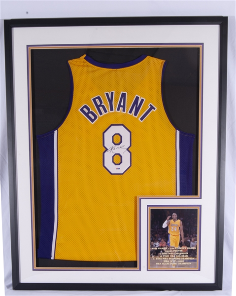 KOBE BRYANT AUTOGRAPHED #8 LOS ANGELES LAKERS REPLICA JERSEY IN PROFESSIONAL FRAME - PSA/DNA LOA