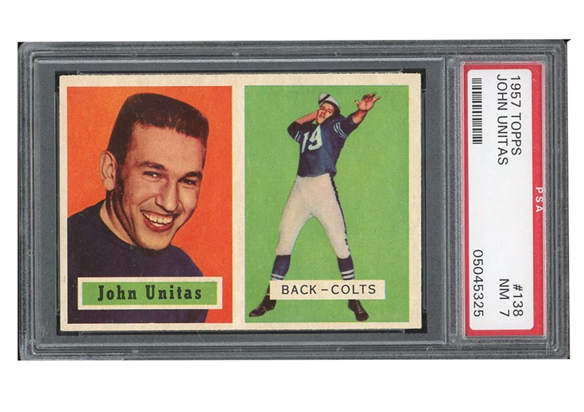 SUPERB 1957 TOPPS #138 JOHNNY UNITAS BALTIMORE COLTS ROOKIE FOOTBALL CARD - PSA 7