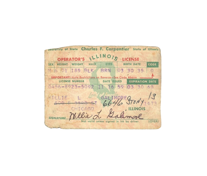 WILLIE GALIMORE SIGNED 1959-63 STATE OF ILLINOIS DRIVERS LICENSE - GALIMORE FAMILY LOA