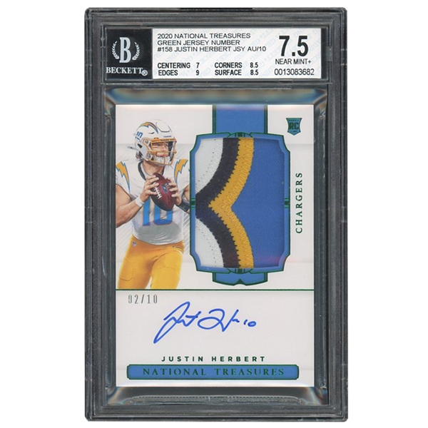 2020 NATIONAL TREASURES GREEN JERSEY NUMBER #158 JUSTIN HERBERT JERSEY AUTO (#2/10) - BGS NM+ 7.5, 10 AUTO.
