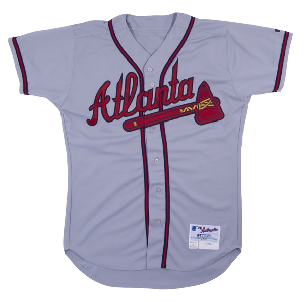 2002 GREG MADDUX GAME WORN AND PHOTOMATCHED ATLANTA BRAVES ROAD JERSEY - SPORTS INVESTORS PHOTOMATCH LOA - MATCHED TO 4 GAMES!