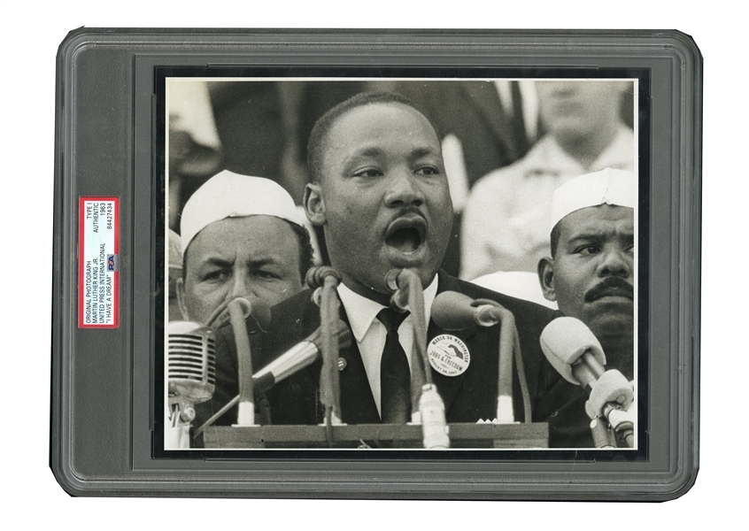 EXTREMELY RARE AND HISTORIC AUGUST 28, 1963 MARTIN LUTHER KING JR. ORIGINAL PHOTO TAKEN DURING "I HAVE A DREAM" SPEECH - PSA/DNA TYPE 1