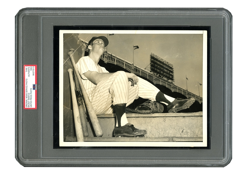 JULY 3, 1953 MICKEY MANTLE GAZES FROM DUGOUT - UNITED PRESS PHOTO - 7" X 9" PSA/DNA TYPE I PHOTOGRAPH