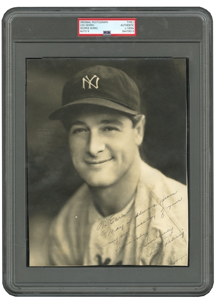 HISTORICAL 1930S SIGNED AND INSCRIBED LOU GEHRIG ORIGINAL PHOTOGRAPH BY GEORGE BURKE - PERSONALIZED FROM GEHRIG TO EARLE COMBS - EARLE COMBS FAMILY LOA & PSA/DNA TYPE 1