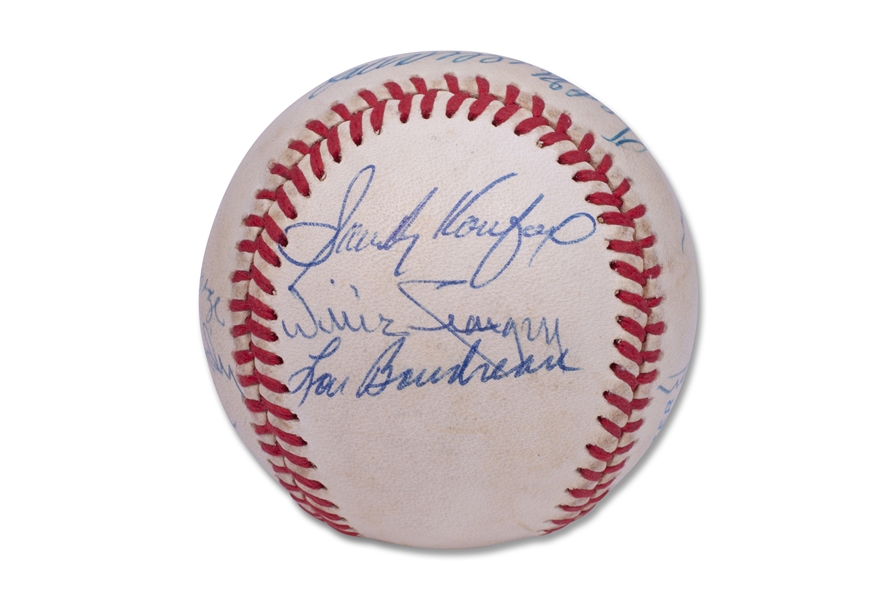 STUNNING HOF OAL (BROWN) AUTOGRAPHED BASEBALL - (14) SIGNATURES IN BOLD BALLPOINT - INC. SANDY KOUFAX, TED WILLIAMS, JOHNNY BENCH, STARGELL, BANKS, MORE! - BECKETT LOA