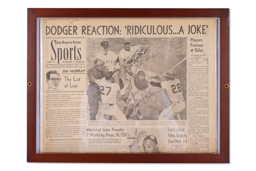 13"x17" FRAMED AUGUST 24, 1965 LOS ANGELES TIMES NEWSPAPER AUTOGRAPHED BY SANDY KOUFAX, JUAN MARICHAL, JOHN ROSEBORO, & TITO FUENTES - THE BRAWL AT CANDLESTICK - BECKETT