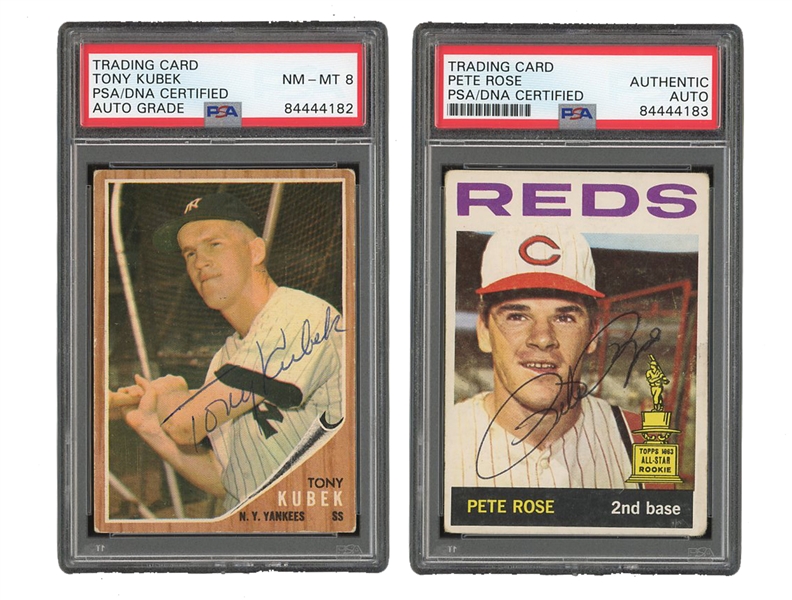 PAIR OF MLB ROOKIE OF THE YEAR FAVORITES SIGNED BASEBALL CARDS - (1) 1962 TOPPS #430 TONY KUBEK PSA/DNA NM-MT 8 & (1) 1964 TOPPS #125 PETE ROSE - PSA/DNA AUTHENTIC
