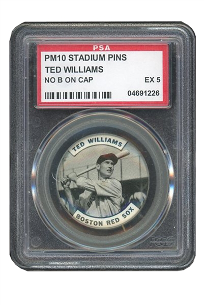 1940-59 PM10 1.25" STADIUM PINS TED WILLIAMS BOSTON RED SOX - NO B ON CAP - PSA EX 5