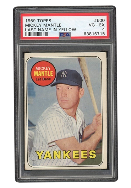 1969 TOPPS #500 MICKEY MANTLE - LAST NAME IN YELLOW - MANTLE FINAL TOPPS CARD - PSA VG-EX 4