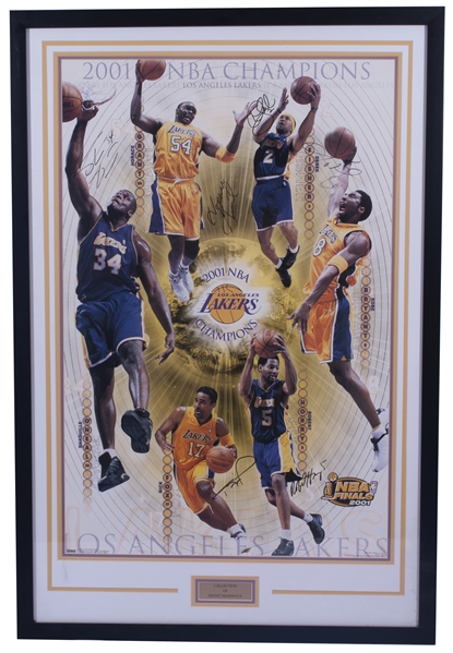 2001 LOS ANGELES LAKERS TEAM SIGNED CHAMPIONSHIP POSTER INCLUDING KOBE BRYANT - PSA/DNA LOA
