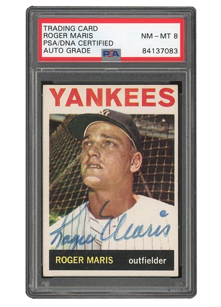 1964 TOPPS # 225 ROGER MARIS NY YANKEES BOLDLY SIGNED BASEBALL CARD - PSA/DNA NM-MT 8