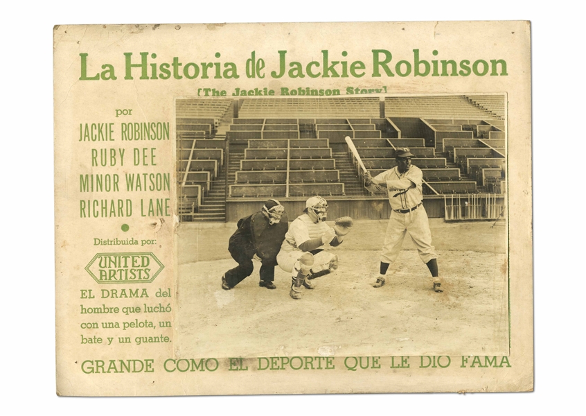 1950 "THE JACKIE ROBINSON STORY" 11 X 14" SPANISH LOBBY CARD - CLASSIC IMAGE OF JACKIE AT BAT IN MONTREAL ROYALS JERSEY