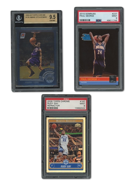 TRIO OF 2000S GRADED BASKETBALL ROOKIE CARDS - 02 TOPPS CHROME #126 A. STOUDAMIRE BGS GEM MT 9.5, 06 TOPPS CHROME REF. #187 R. GAY PSA MT 9, 10 PANINI DONRUSS P. GEORGE PSA MINT 9 (CANADA 150)