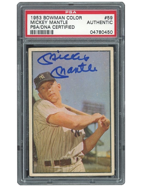 BEAUTIFULLY AUTOGRAPHED 1953 BOWMAN COLOR #59 MICKEY MANTLE - PSA/DNA AUTH. 