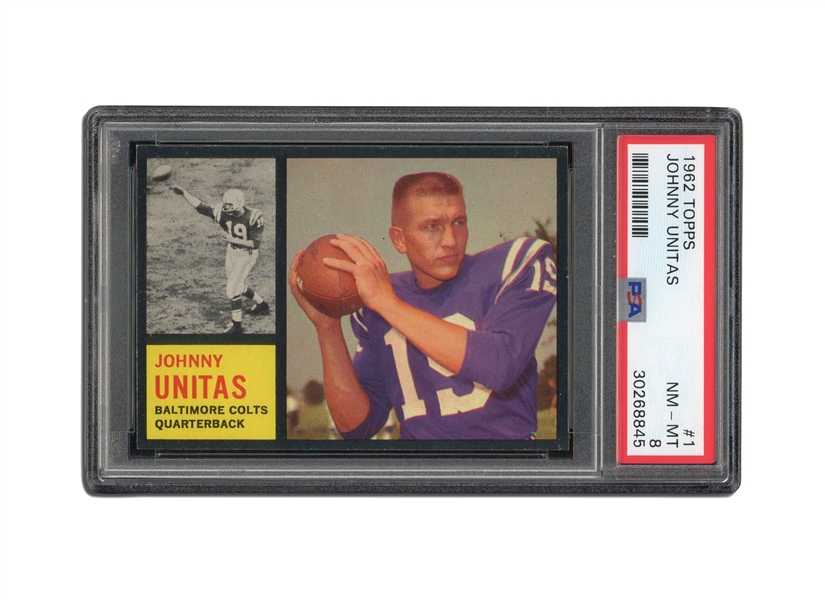 1962 TOPPS FOOTBALL #1 JOHNNY UNITAS - PSA NM-MT 8
