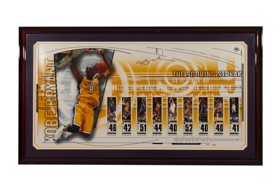 OUTSTANDING KOBE BRYANT UPPER DECK THE SCORING STREAK LIMITED EDITION (18/108) BOLDLY AUTOGRAPHED 31" X 54" FRAMED PRINT - UDA 