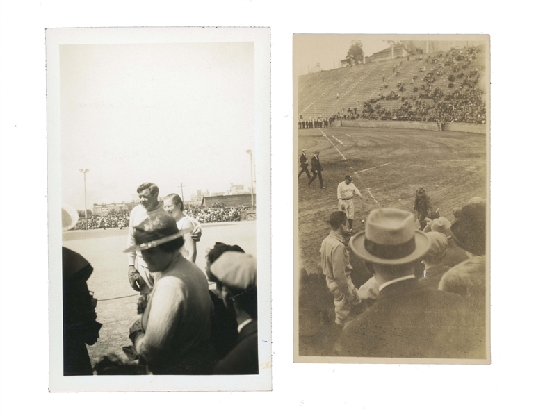 PAIR OF RARE BABE RUTH ORIGNAL SNAPSHOTS - 1924 EXHIBITION GAME IN TACOMA (WA) AND 1933 YANKEES SPRING TRAINING IN ST. PETERSBURG (FL)
