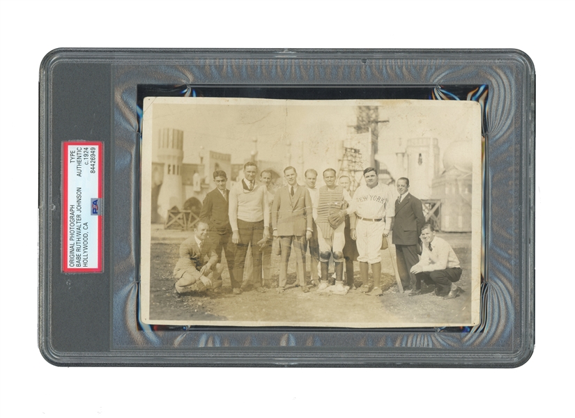 C. 1924 BABE RUTH & WALTER JOHNSON ORIGINAL 4 3/4" X 7" PHOTOGRAPH ON HOLLYWOOD SET WITH DENNIS FAIRBANKS - PSA/DNA TYPE I