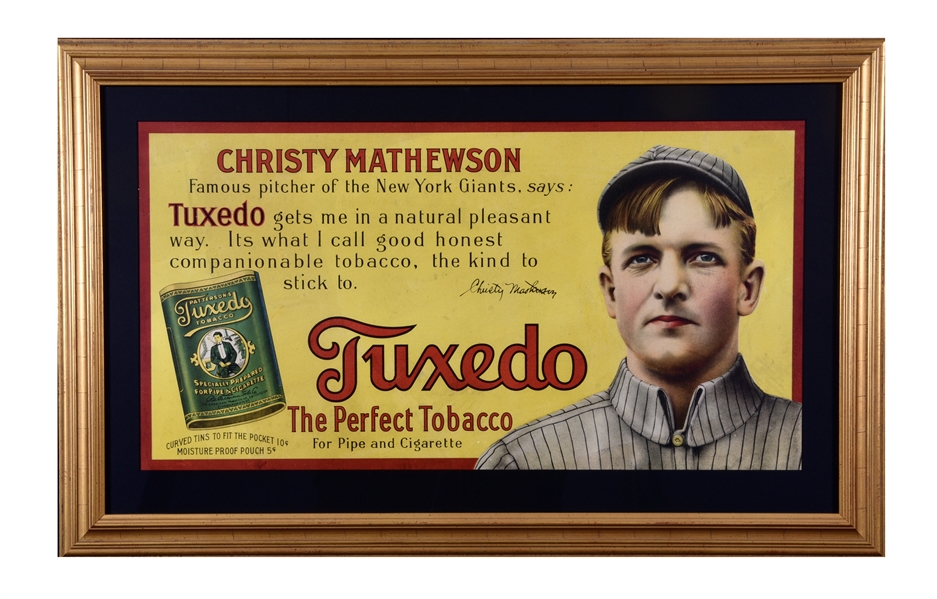 UNIQUE AND RARE CIRCA 1910 CHRISTY MATHEWSON TUXEDO TOBACCO TROLLEY CAR ADVERTISING SIGN