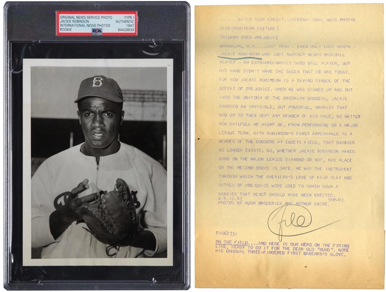 APRIL 15, 1947 JACKIE ROBINSON ORIGINAL PHOTOGRAPH TAKEN DAY OF HIS ROOKIE DEBUT - ONE OF MOST SIGNIFICANT & POWERFUL PAPER CAPTIONS KNOWN - PSA/DNA TYPE I