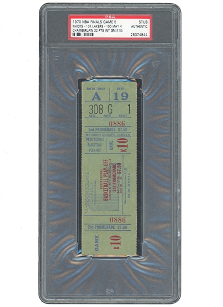 1970 NBA FINALS GAME 5 (KNICKS 107-100 OVER LAKERS) TICKET STUB - WILLIS REED INJURES THIGH - PSA AUTHENTIC (POP 1, ONLY ONE GRADED HIGHER!)