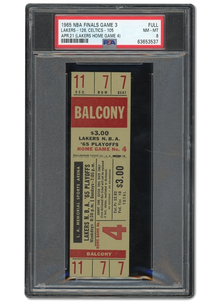 APRIL 21, 1965 NBA FINALS GAME 3 FULL TICKET - L.A. LAKERS VS. BOSTON CELTICS - PSA NM-MT 8
