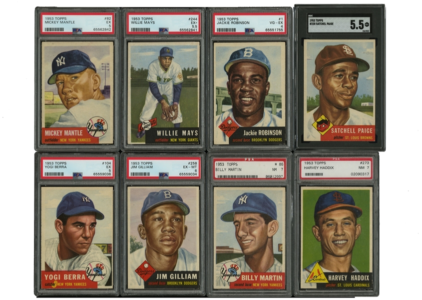 1953 TOPPS BASEBALL COMPLETE SET OF (274) WITH 29 GRADED INCLUDING MANTLE (PSA EX 5), MAYS (PSA EX+ 5.5), PAIGE (SGC EX+ 5.5) & JACKIE (PSA VG-EX 4)