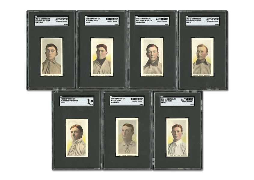 1911 M116 Sporting Life Lot of (7) with Christy Mathewson (Pastel Background), Cy Young (Black Back), Home Run Baker, Hal Chase & Larry Doyle - All SGC Slabbed