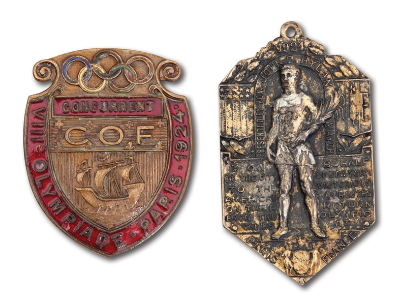 1924 Paris Summer Olympic Participants Badge and New York City Mayor Hylan Presentation Medal Awarded to U.S. Olympians - Helms/LA84 Collection
