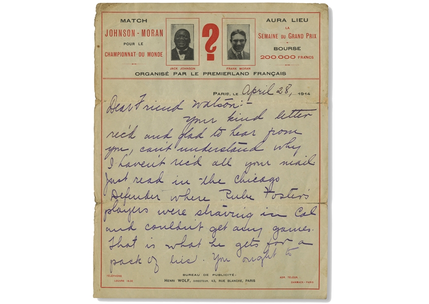 April 28, 1914 Jack Johnson Signed 3-Page Letter Handwritten During His Exile in France - Fascinating Content with Prediction about Heavyweight Title Bout vs. Frank Moran in Paris (Beckett LOA)