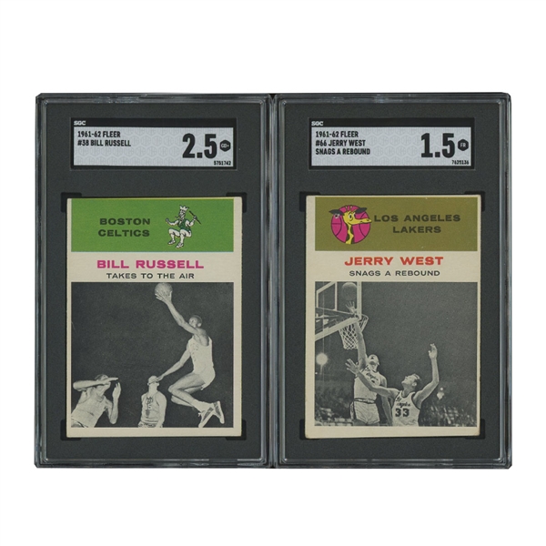 1961 Fleer #38 Bill Russell In Action (SGC GD+ 2.5) and #66 Jerry West In Action (SGC FR 1.5)