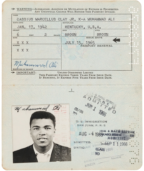 Muhammad Alis 1965-66 United States Passport Confiscated by U.S. Governmant When Ali Refused To Be Drafted (Autographed Three Times!) - PSA/DNA & Beckett LOAs