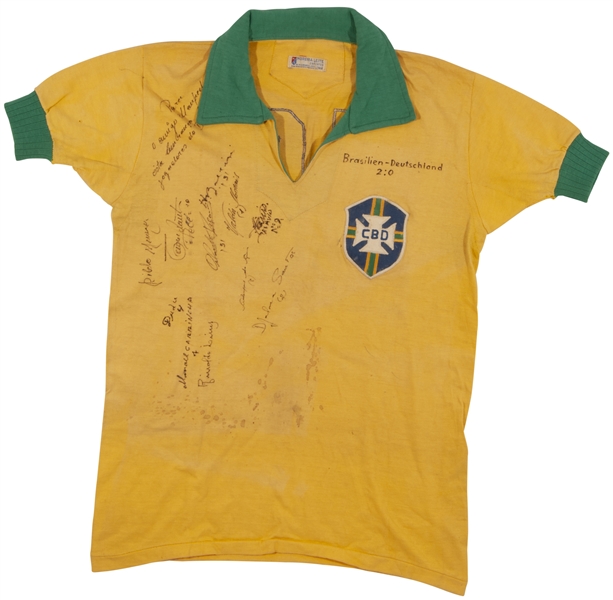 6/6/1965 Pele Brazil Match Worn Jersey (Scored Goal vs. West Germany) Signed by All 11 Brazil National Team Players w/ Long Pelé Inscription! - PSA/DNA LOA, MEARS A10
