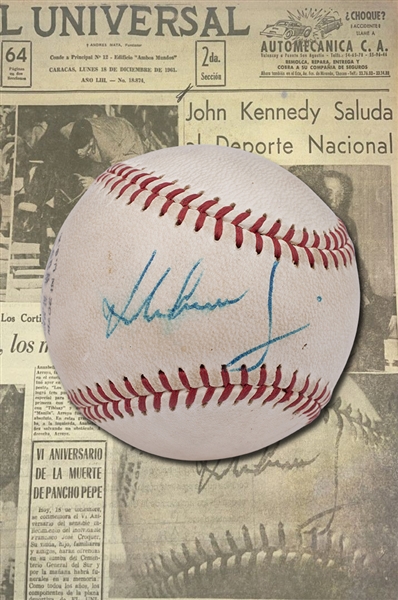Newly Discovered 1961 President John F. Kennedy Single Signed Baseball from JFKs "Alliance for Progress" Tour to South America Photomatched to Venezuelan Newspaper w/ Direct Provenance - PSA/DNA LOA