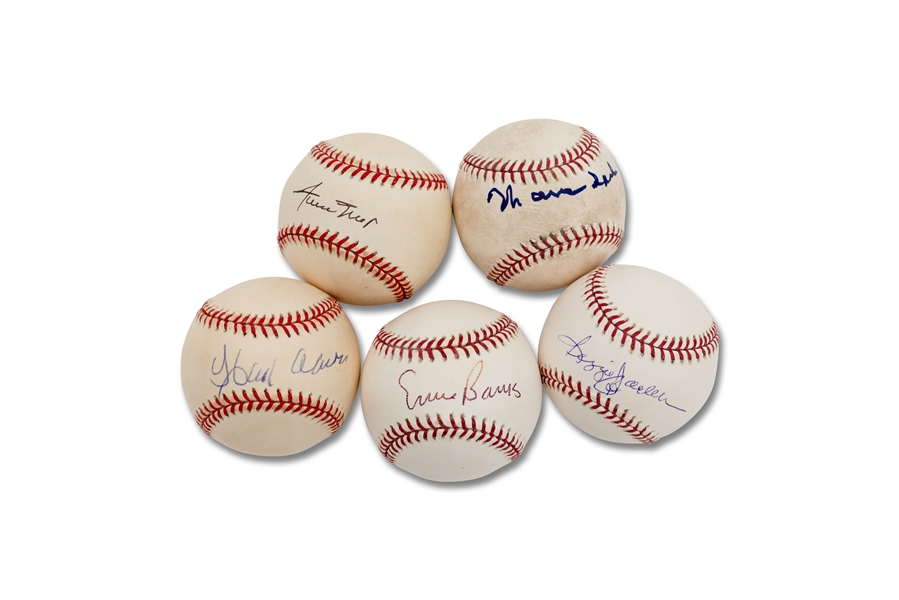 Group of (5) Hall of Famer Single Signed Baseballs incl. Willie Mays, Hank Aaron, Ernie Banks, R. Jackson & Spahn - PSA/DNA COAs