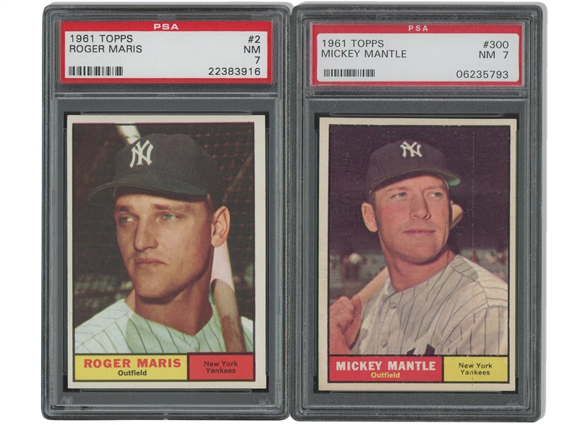 1961 Topps #300 Mickey Mantle and #2 Roger Maris (61 in 61 Chase Pair) - Both PSA NM 7