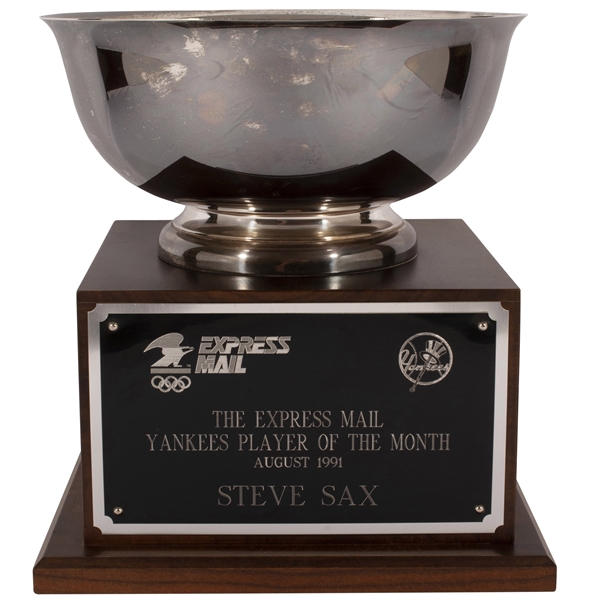 Steve Saxs August 1991 New York Yankees American League Player of the Month Trophy – Sax Collection