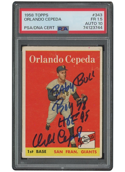 1958 Topps #343 Orlando Cepeda Signed & Inscribed ("Baby Bull, ROY 58, HOF 95") Rookie Card – PSA FR. 1.5, PSA/DNA 10 Auto.