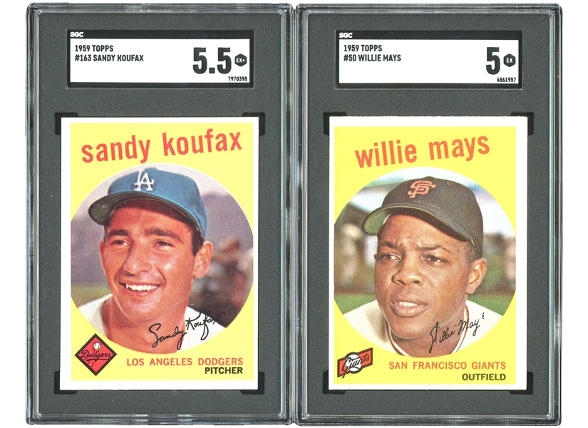 1959 Topps #50 Willie Mays (SGC EX 5) and #163 Sandy Koufax (SGC EX+ 5.5)