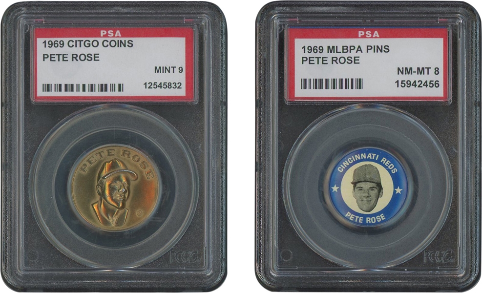 1969 CITGO Coins Pete Rose (PSA Mint 9) and 1969 MLBPA Pins Pete Rose (PSA NM-MT 8)