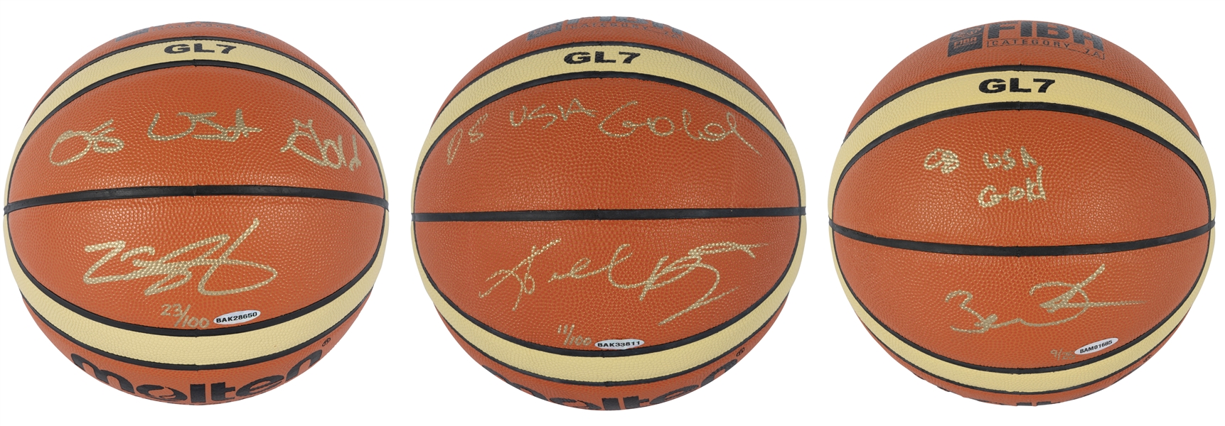 2008 Kobe Bryant, Lebron James & Dwyane Wade Trio of Single Signed & Inscribed ("08 USA GOLD") Olympics Redeem Team FIBA Basketballs (LE of 100, 100 & 25) – UDA COAs