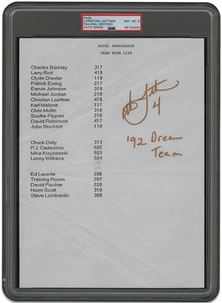 Christian Laettners Signed & Inscribed 1992 USA Olympic "Dream Team" Barcelona Hotel Room Assignment List (Only Known Copy!) – PSA/DNA Authentic, Laettner Collection