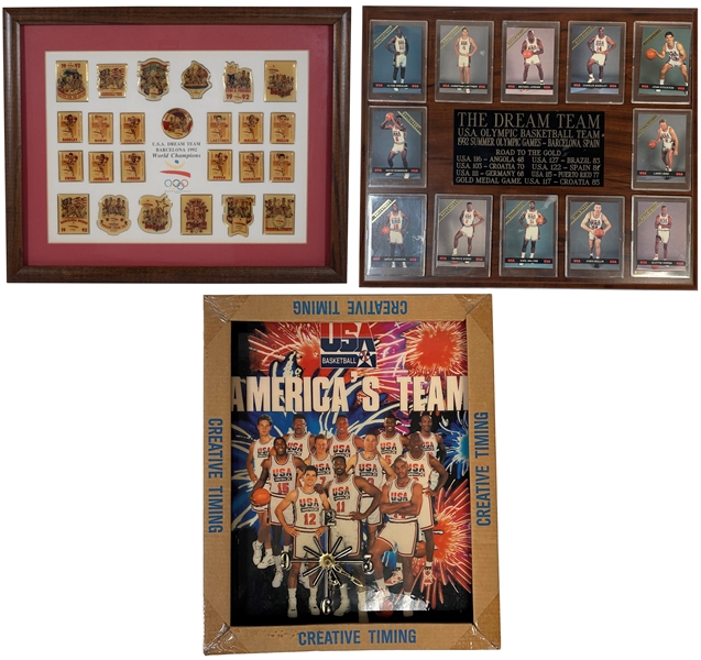 Christian Laettners Trio of 1992 Dream Team Player Issued Olympics 25-Pin Set, Ballstreet USA Basketball 12-Card Set, and "Americas Team" Wall Clock (2nd Set of Each) – Laettner Collection