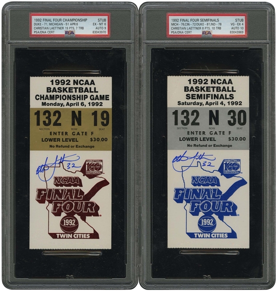 Christian Laettner Signed Pair of 1992 Duke NCAA Semifinal (vs. Indiana) and Championship (vs. Michigans Fab Five) Ticket Stubs – PSA Dual-Graded (Both Highest in Pop), Laettner Collection