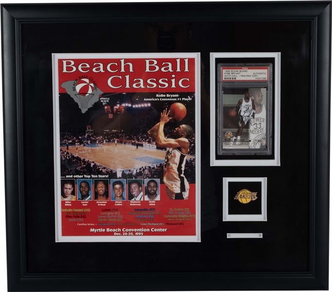 Kobe Bryant 1996 Scoreboard Autograph Collection Card (PSA/DNA Auth.) and 1995 Beach Ball Classic Program (His Last HS Tourney) in Framed Display
