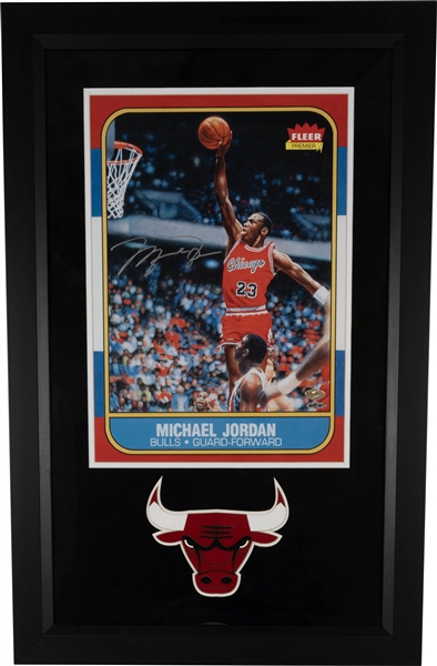 Impressive Michael Jordan Autographed 1986 Fleer Rookie Card Blown-Up Print in Large Frame – UDA COA