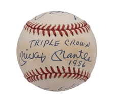 Triple Crown Winners Triple-Signed & Inscribed OAL (Brown) Baseball with Mickey Mantle, Frank Robinson & Carl Yastrzemski – PSA/DNA 8 Overall Grade