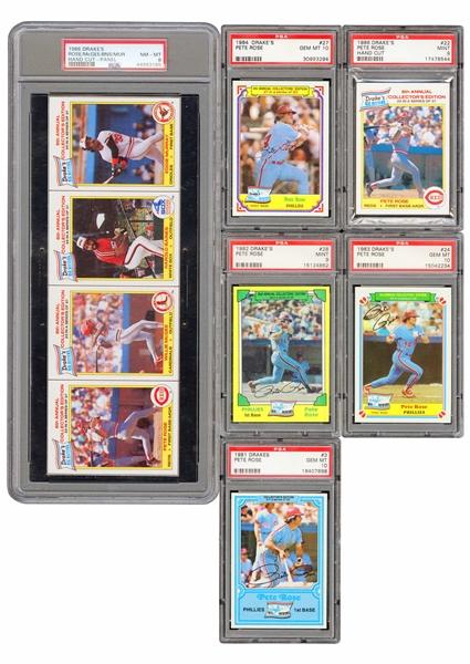 1981-84 and 1986 Drakes Lot of (6) Pete Rose Cards with Three PSA Gem Mint 10 & Two PSA Mint 9