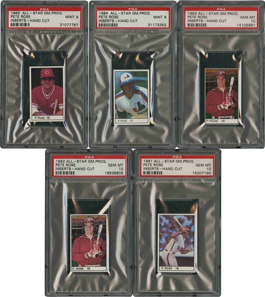 1981-85 All-Star Game Program Inserts Lot of (5) Pete Rose Cards – Three PSA Gem Mint 10, Two PSA Mint 9