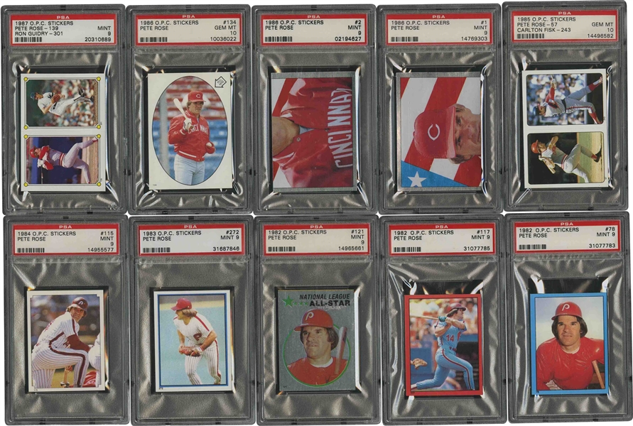 1982-87 O-Pee-Chee Stickers Lot of (10) Pete Rose Cards – Eight PSA Mint 9, Two PSA Gem Mint 10